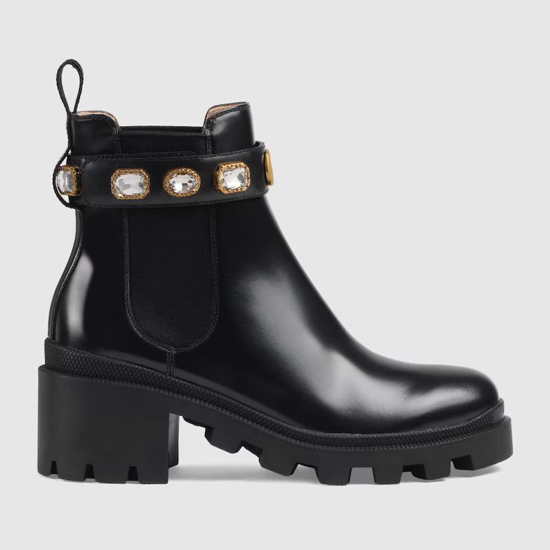 Giày Gucci Leather Ankle Boot With Belt Nữ Đen Cao Cổ