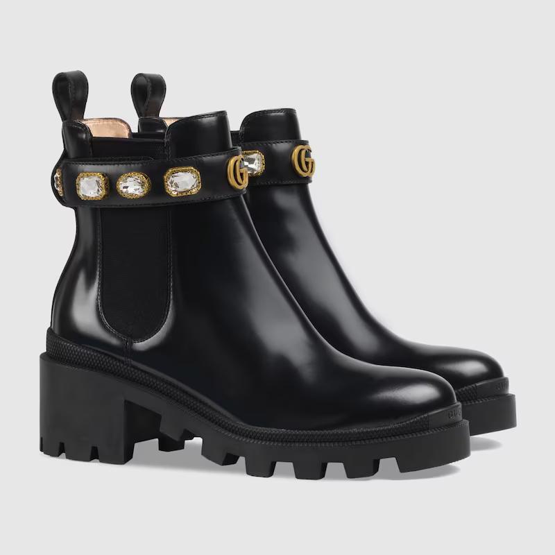 Giày Gucci Leather Ankle Boot With Belt Nữ Đen Cao Cổ