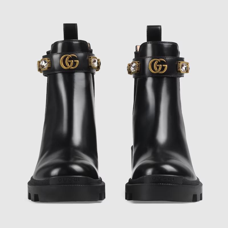 Giày Gucci Leather Ankle Boot With Belt Nữ Đen Cao Cổ