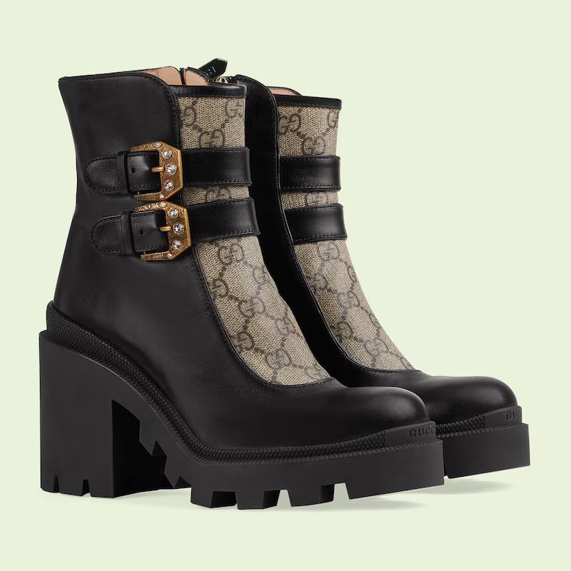 Giày Gucci Gg Ankle Boot With Buckles Nữ Đen Cao Cổ