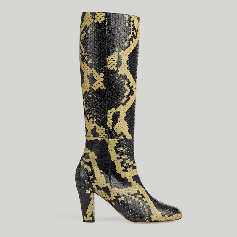 Giày Gucci Python Mid-Heel Boot Nữ Đen Vàng Cao Cổ