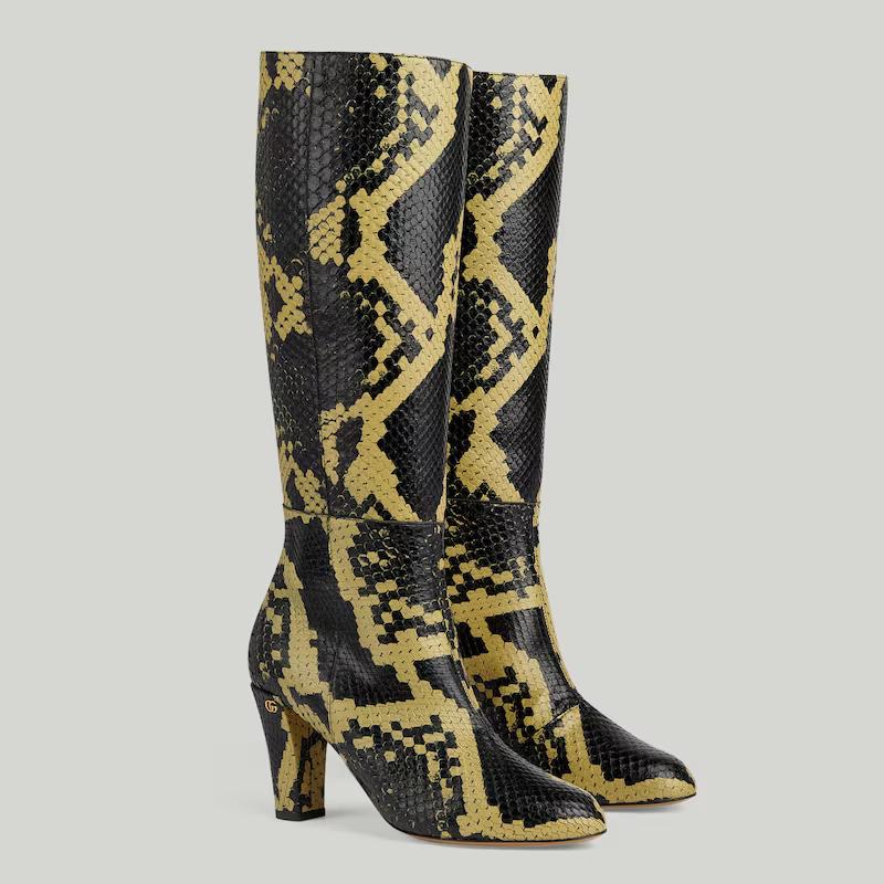 Giày Gucci Python Mid-Heel Boot Nữ Đen Vàng Cao Cổ