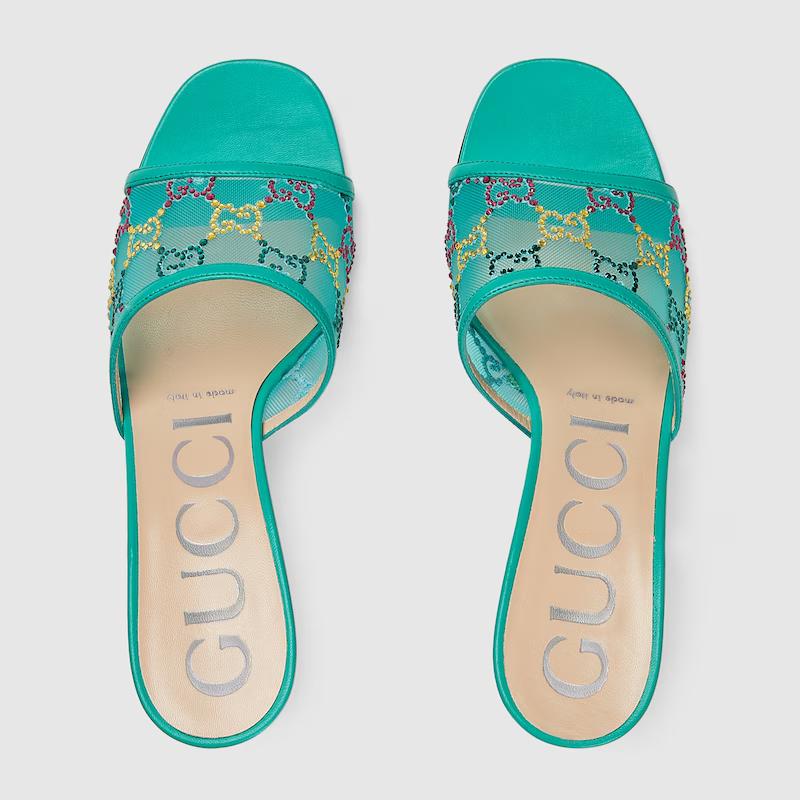 Giày Gucci Gg Mid-Heel Slide Sandal Nữ Xanh