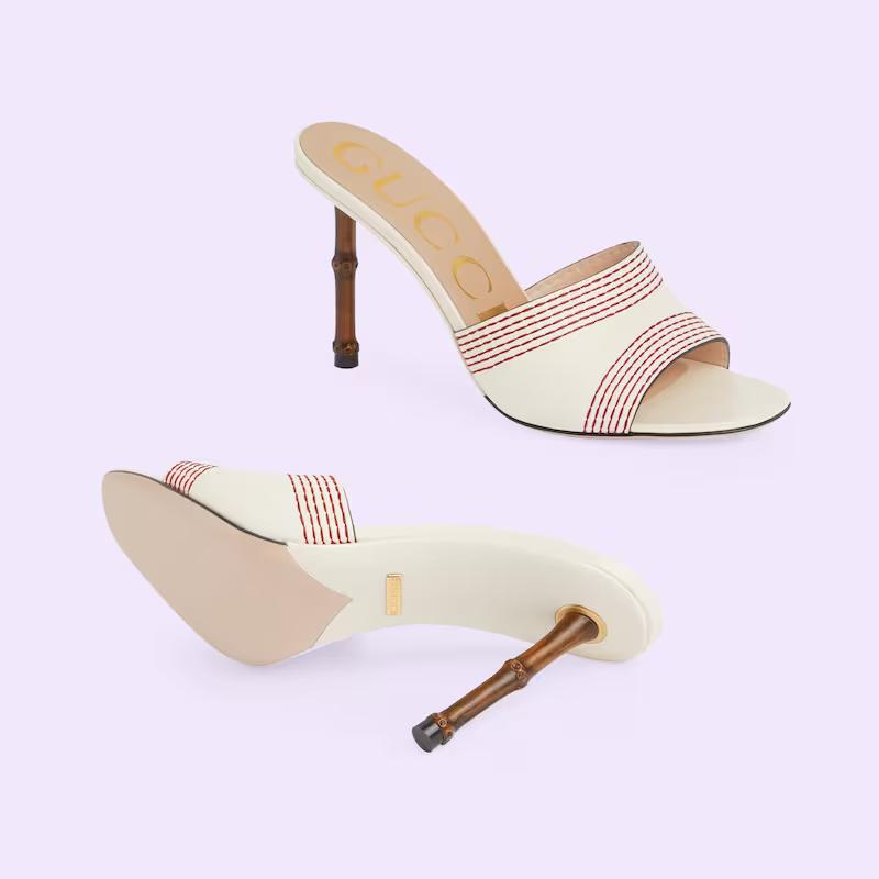 Giày Gucci Slide Sandal With Bamboo Heel Nữ Trắng 