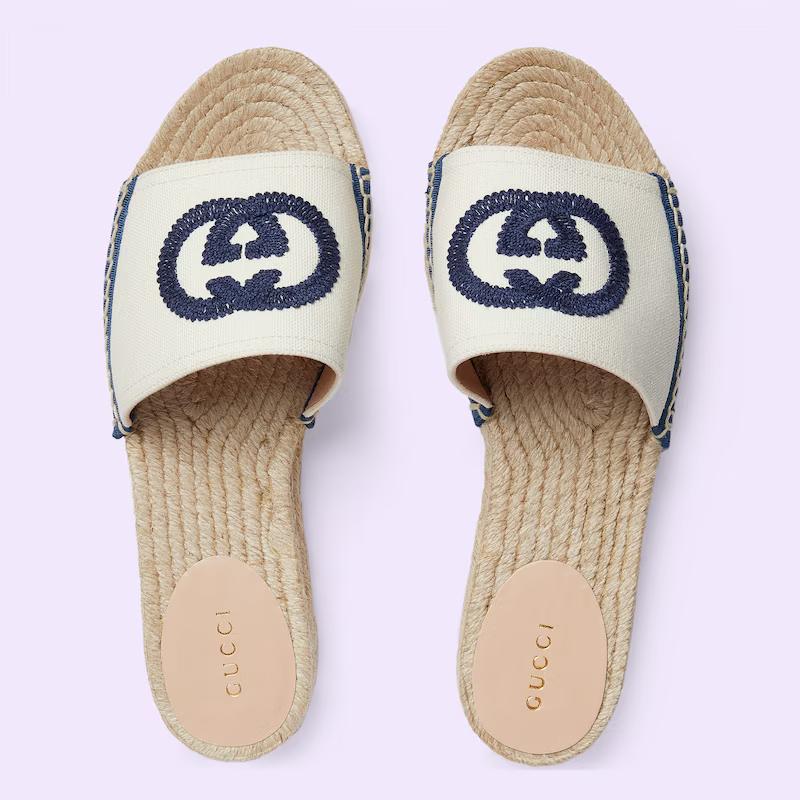 Giày Gucci Espadrille Slide With Interlocking G Nữ Trắng Xanh