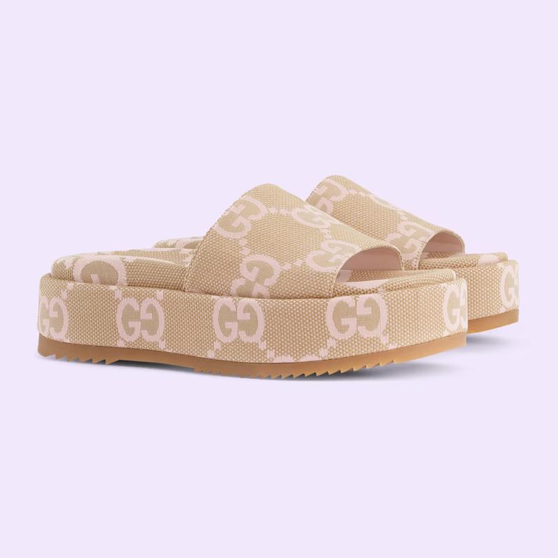 Giày Gucci Jumbo Gg Platform Slide Sandal Nữ Nâu Da