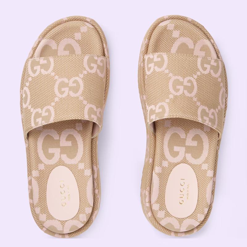 Giày Gucci Jumbo Gg Platform Slide Sandal Nữ Nâu Da