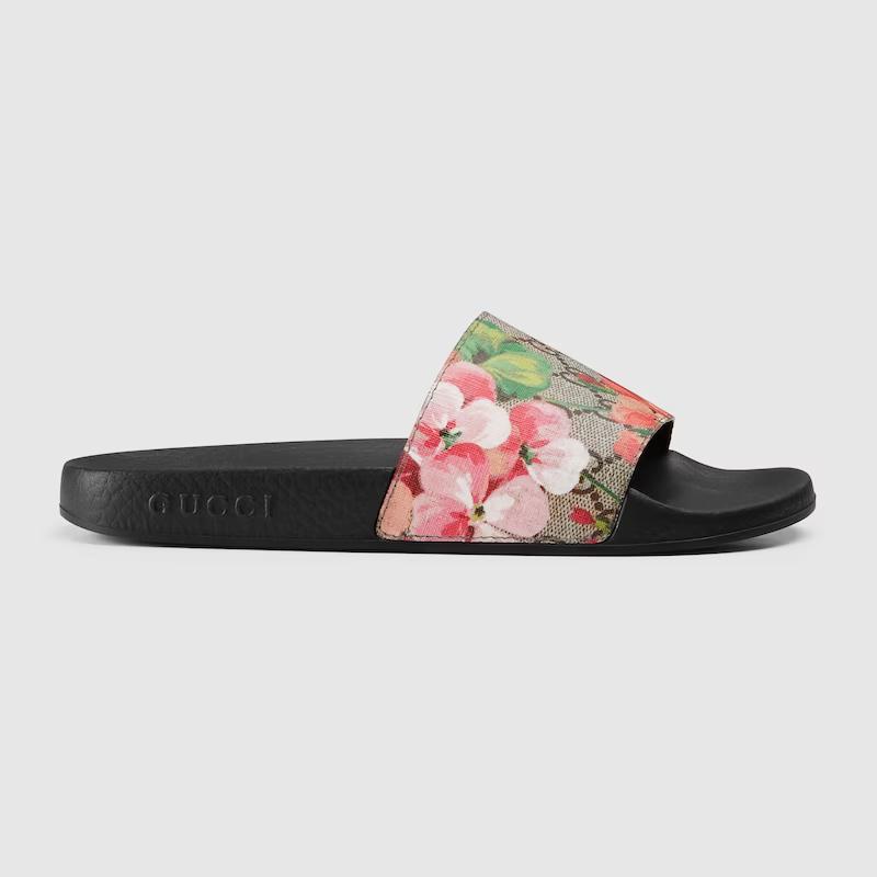 Giày Gucci Gg Blooms Supreme Floral Slide Sandal Nữ Đen Hồng