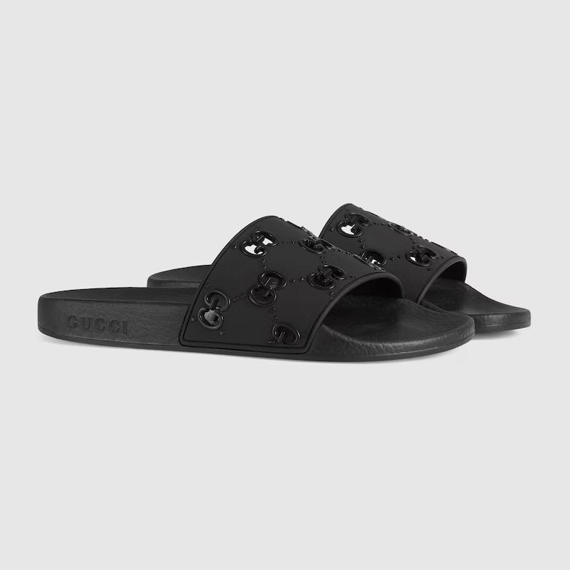 Giày Gucci Rubber Gg Slide Sandal Nữ Đen