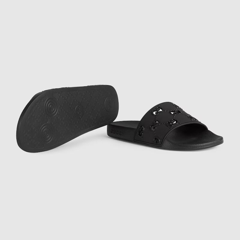 Giày Gucci Rubber Gg Slide Sandal Nữ Đen