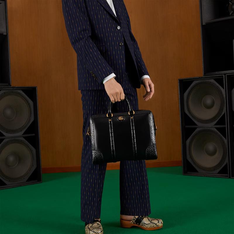 Túi Gucci Crocodile Trim Briefcase With Double G Nam Màu Đen