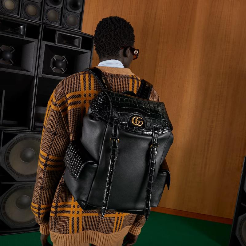 Túi Gucci Crocodile Trim Backpack With Double G Nam Màu Đen