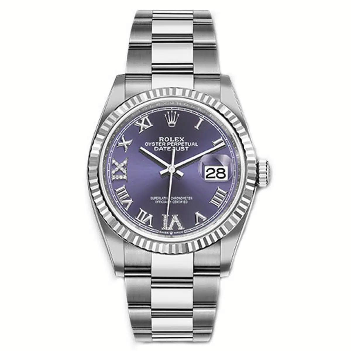 Đồng Hồ Rolex Datejust 126234 Diamond Roman 36mm Nam Tím Xám