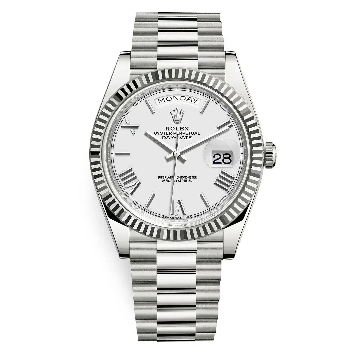 Đồng Hồ Rolex Day-Date 228239-0046 Roman 40mm Nam Trắng Xám