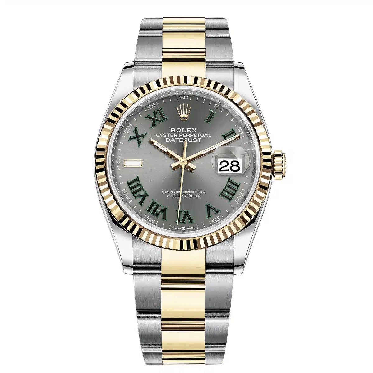 Đồng Hồ Rolex Datejust 126233 Wimbledon Roman Dial 36mm Nam Xám Vàng