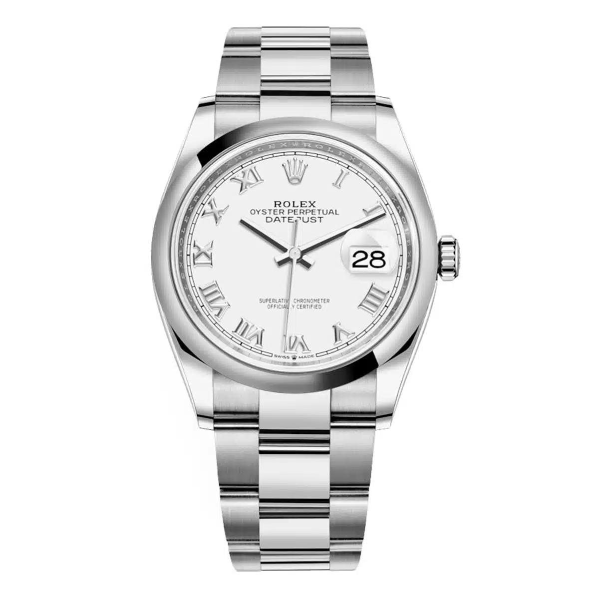 Đồng Hồ Rolex Datejust 126200 Roman Dial 36mm Nam Trắng Xám