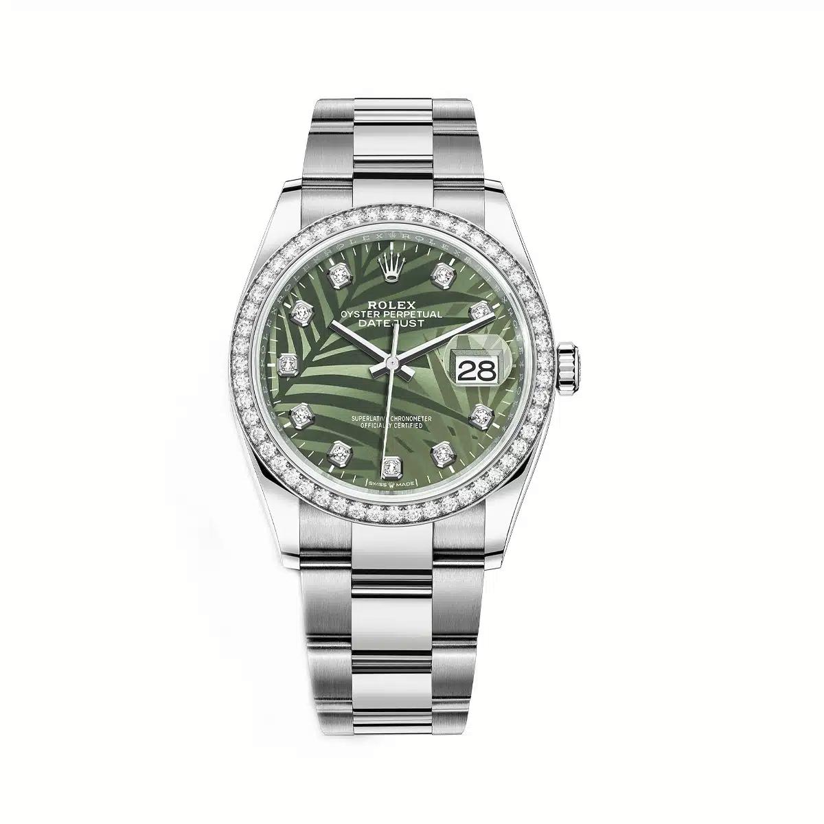 Đồng Hồ Rolex Datejust 126284RBR Palm Motif Diamond Dial 36mm Nữ Xanh Lá Xám