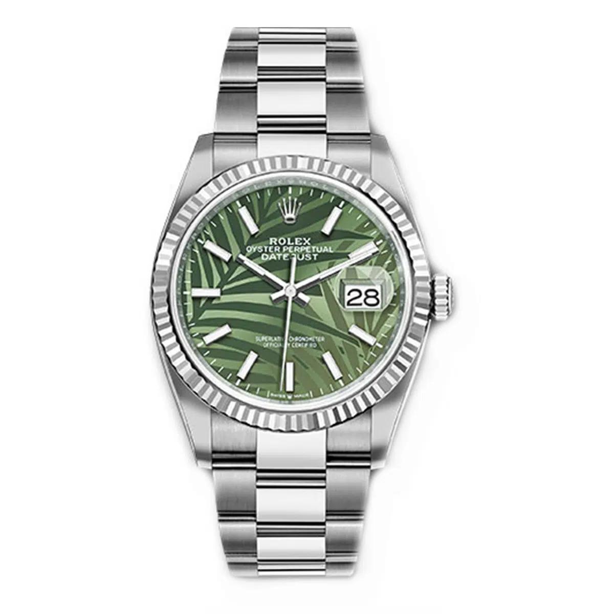 Đồng Hồ Rolex Datejust 126234 Palm Motif Dial 36mm Nam Xanh Lá Xám