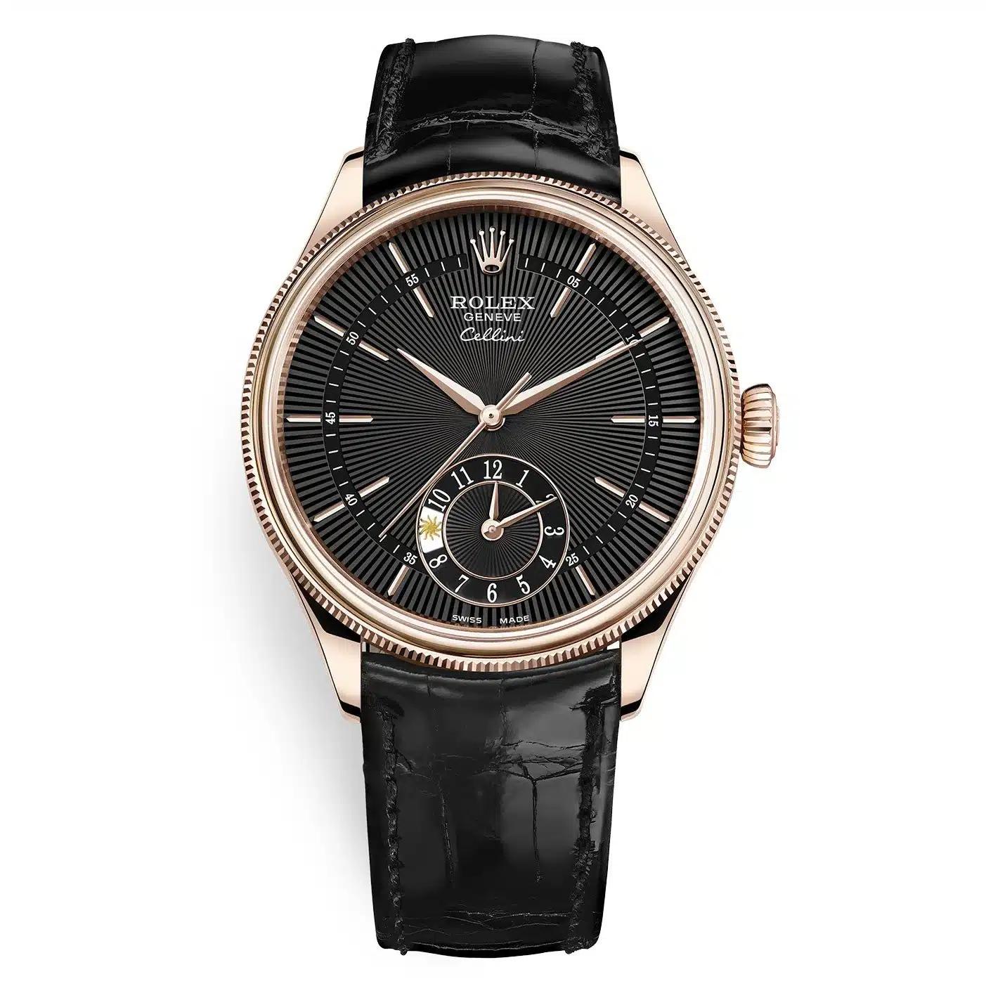 Đồng Hồ Rolex Cellini Dual Time 50525 39mm Nam Đen Vàng Hồng