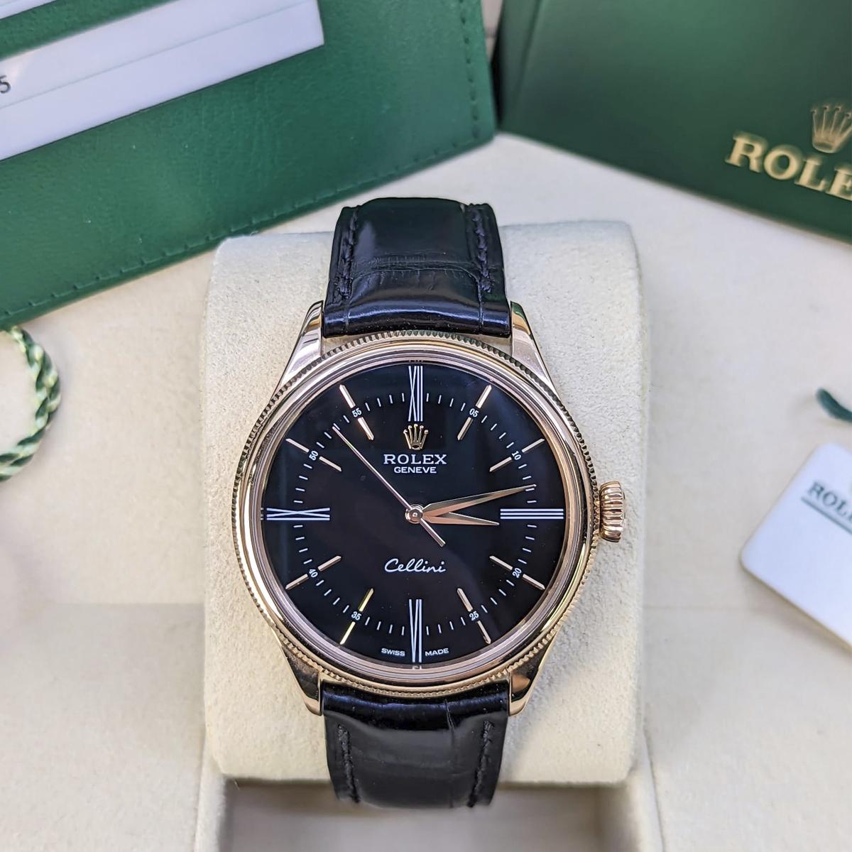 Đồng Hồ Rolex Cellini Time 50505 39mm Nam Đen Vàng Hồng