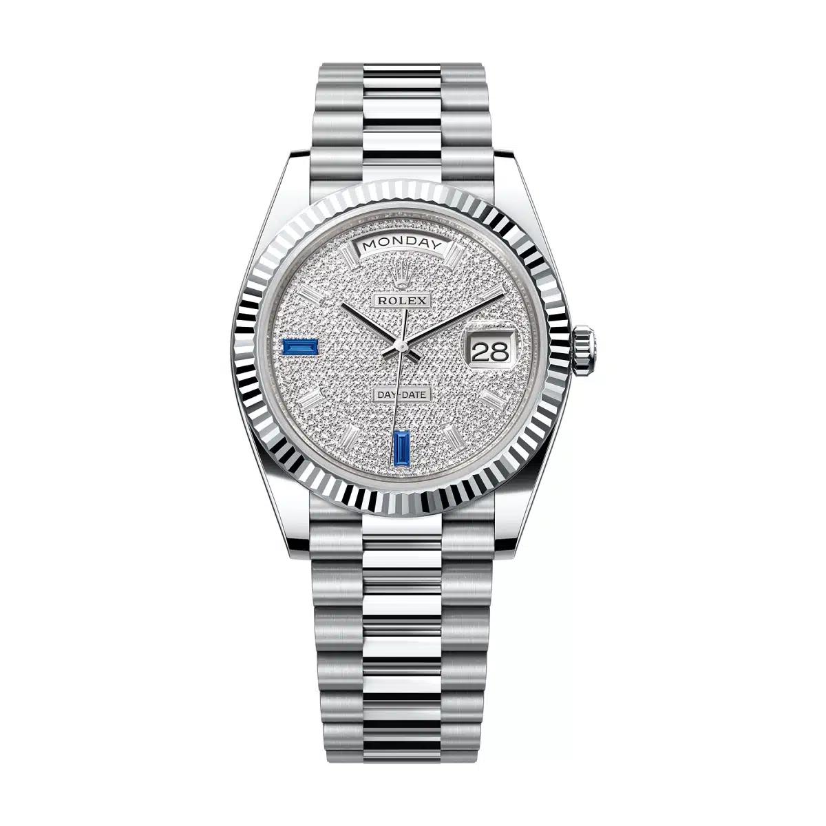 Đồng Hồ Rolex Day Date 228236 Diamonds & Sapphires Dial 40mm Nam Xám