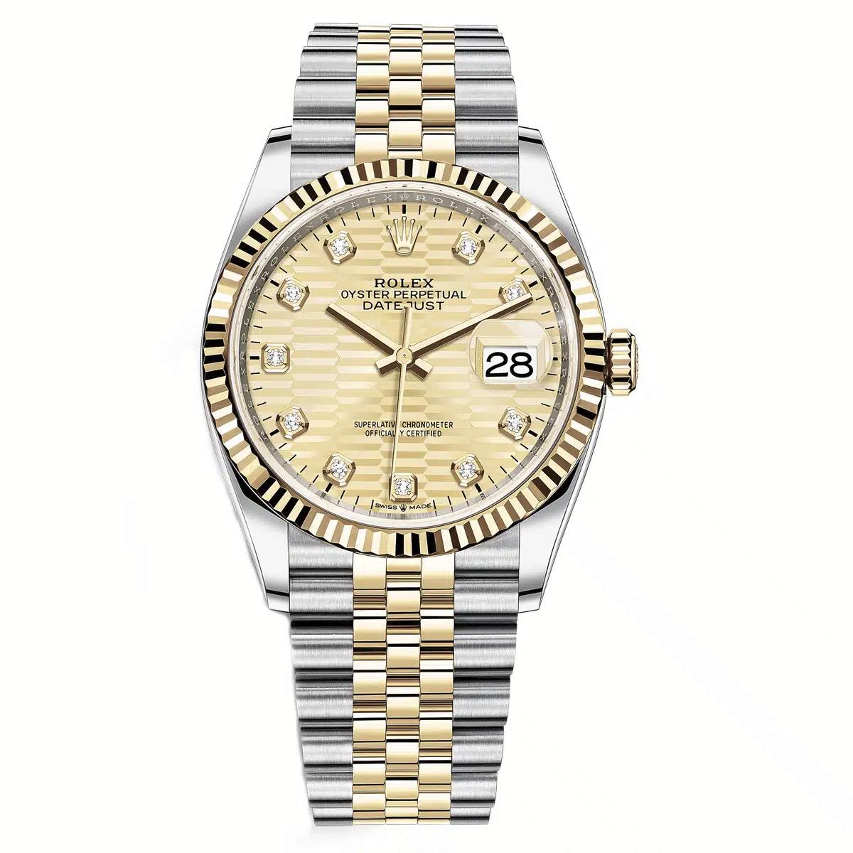 Đồng Hồ Rolex Datejust 126233 Champagne Fluted Motif 36mm Nam Vàng Xám