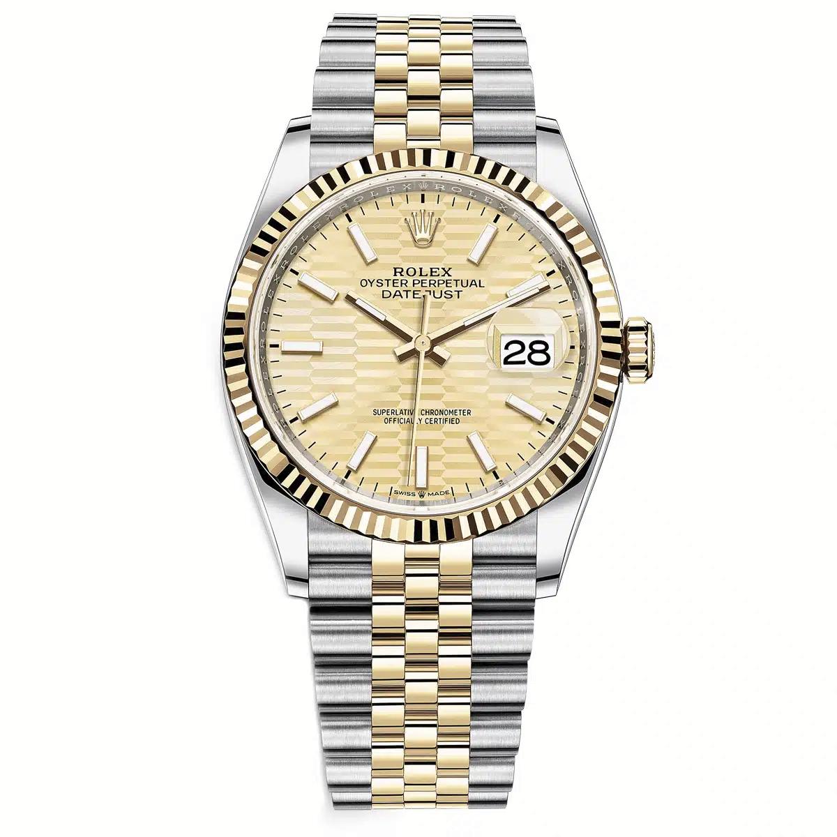 Đồng Hồ Rolex Datejust 126233 Champagne Fluted Motif 36mm Nam Xám Vàng