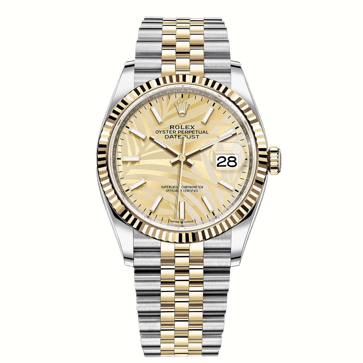 Đồng Hồ Rolex Datejust 126233 Golden Palm Motif 36mm Nam Vàng Xám