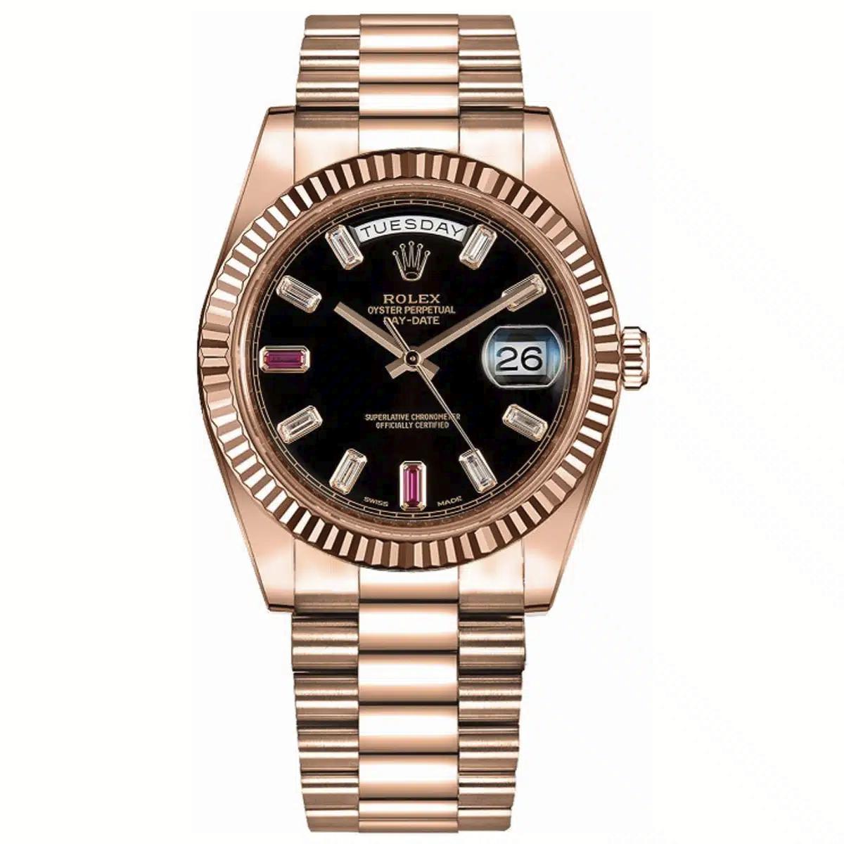 Đồng Hồ Rolex Day Date 218235 Ruby Baguette Dial 41mm Nam Đen Vàng Hồng