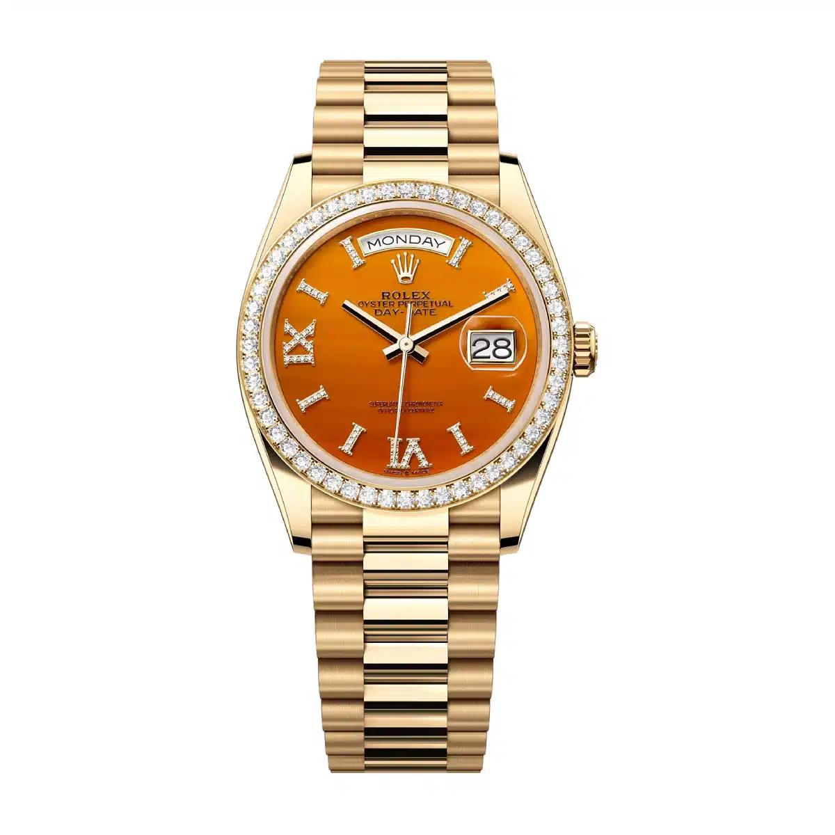 Đồng Hồ Rolex Day Date 128348Rbr Carnelian Diamonds Dial 36mm Nam Vàng Cam