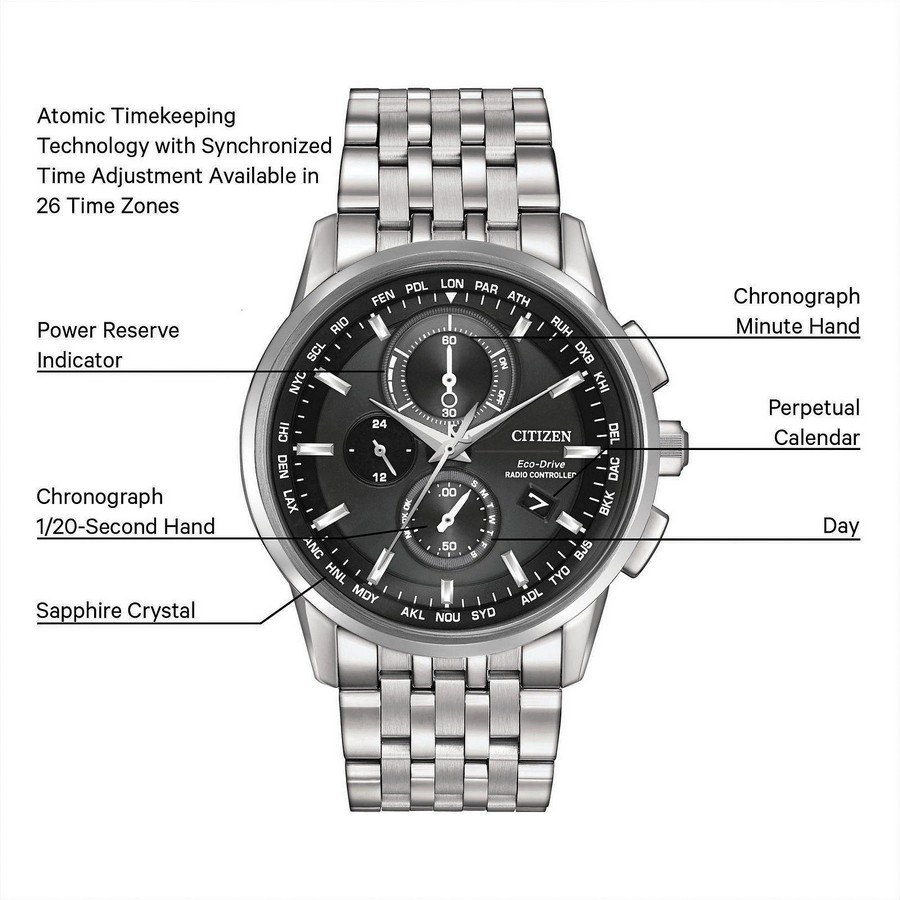 Đồng Hồ Citizen World Chronograph A-T Nam Xám Đen