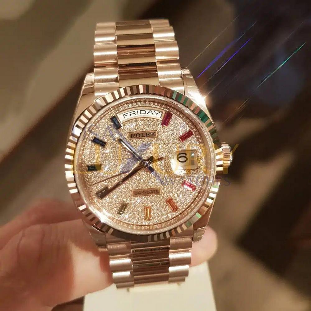 Đồng Hồ Rolex Day-Date 128235 Rainbow Diamond Dial 36mm Nam Vàng Hồng