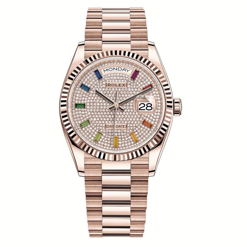 Đồng Hồ Rolex Day-Date 128235 Rainbow Diamond Dial 36mm Nam Vàng Hồng