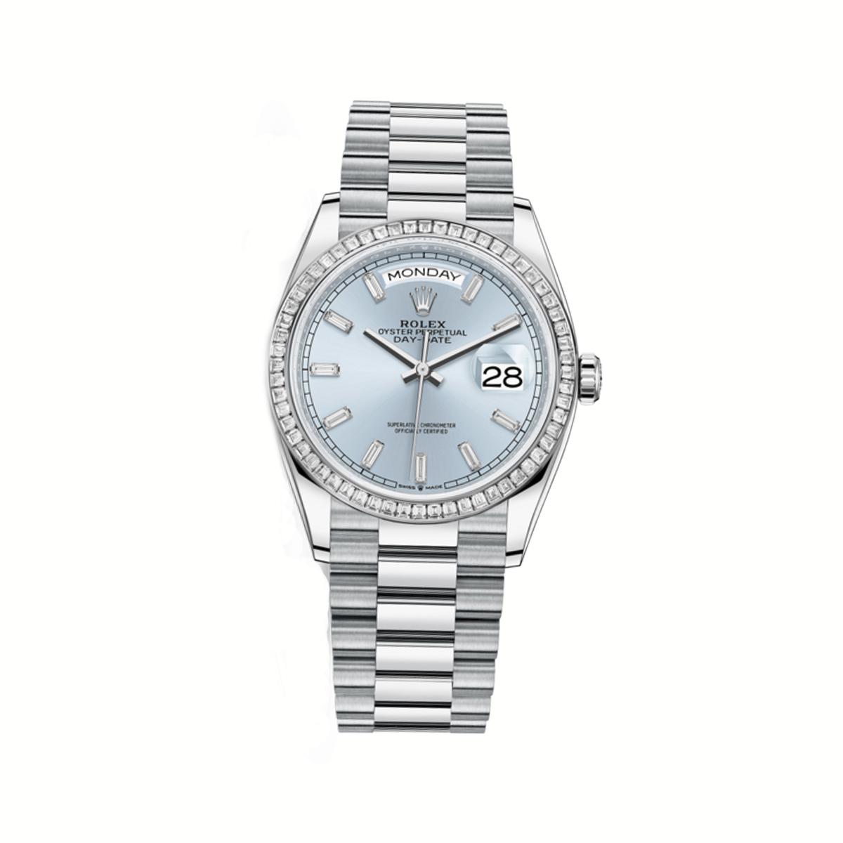 Đồng Hồ Rolex Day-Date 128396Tbr Ice Baguette Diamond Dial 36mm Nam Xanh Xám