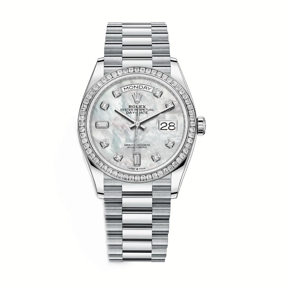 Đồng Hồ Rolex Day-Date 128396Tbr Mother Of Pearl Diamond Dial 36mm Nam Xám