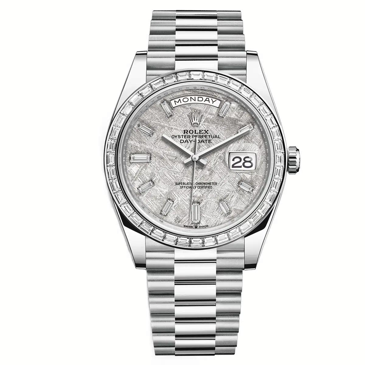 Đồng Hồ Rolex Day-Date 228396Tbr Meteoriate Baguette Diamond Dial 40mm Nam Xám