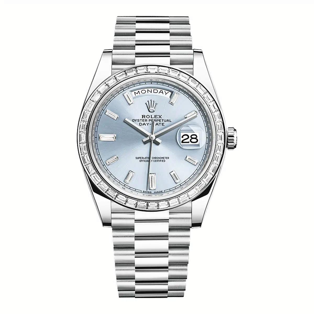 Đồng Hồ Rolex Day-Date 228396Tbr Ice Baguette Diamond Dial 40mm Nam Xanh Xám