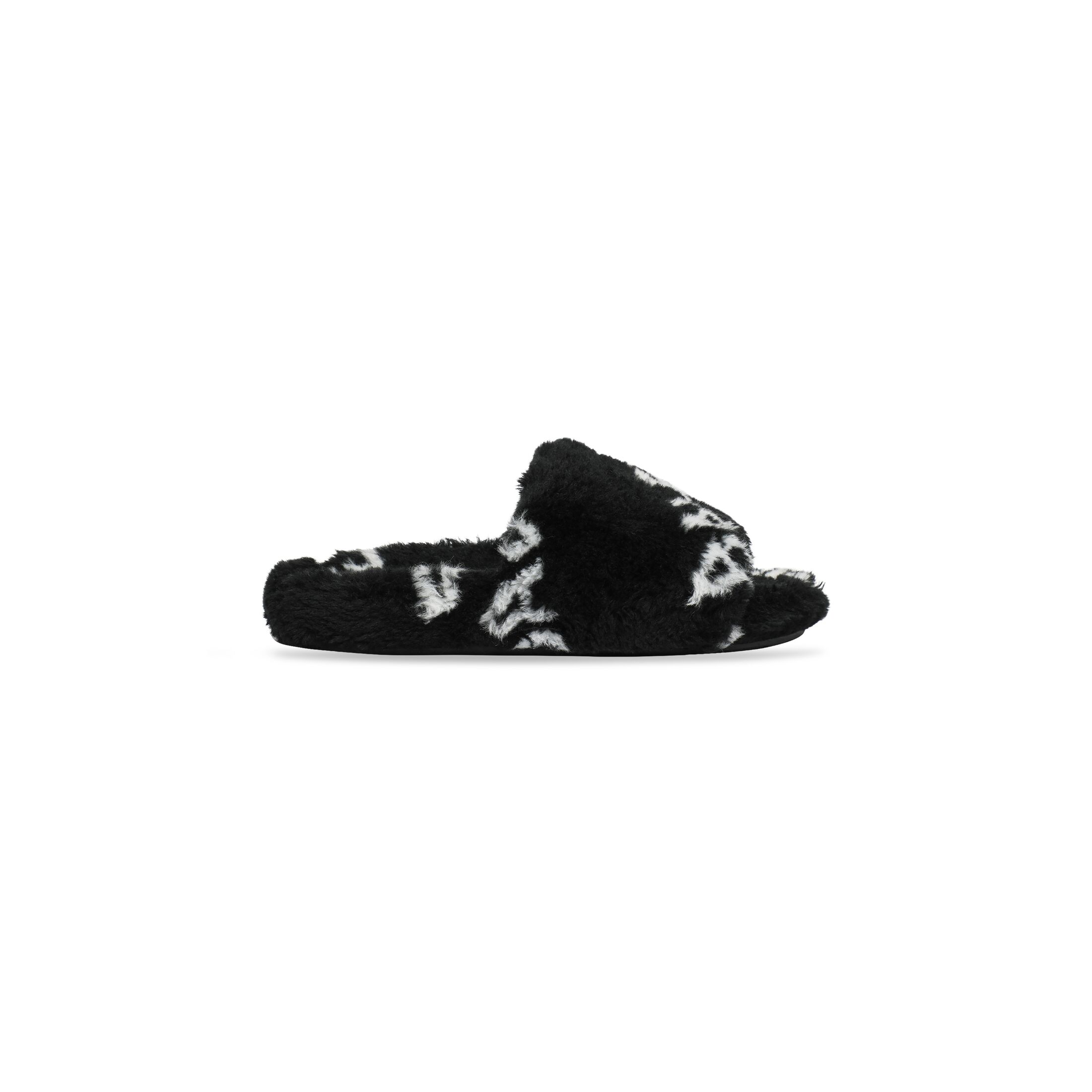 Dép Balenciaga Furry Slide Sandal Allover Logo Nữ Đen