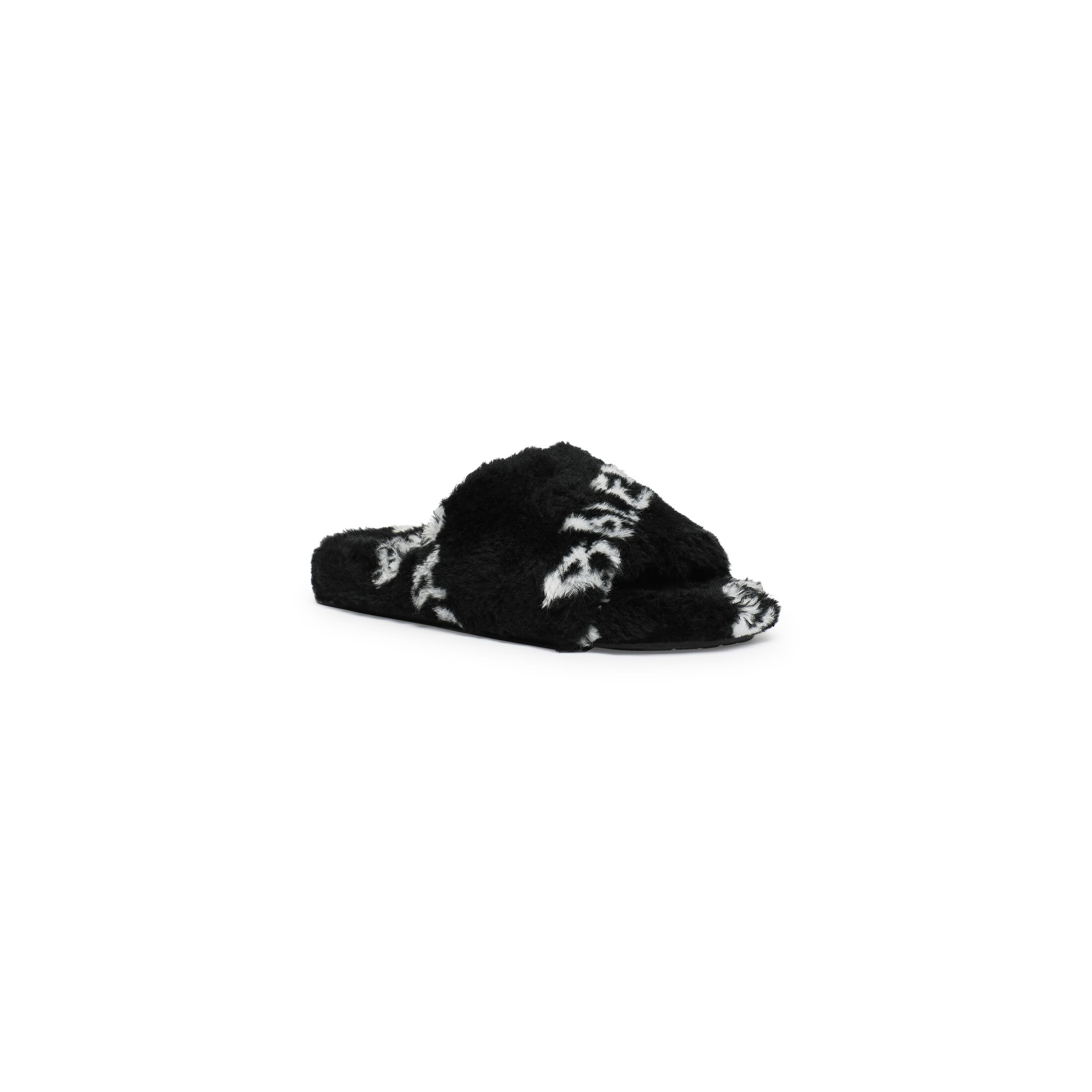 Dép Balenciaga Furry Slide Sandal Allover Logo Nữ Đen