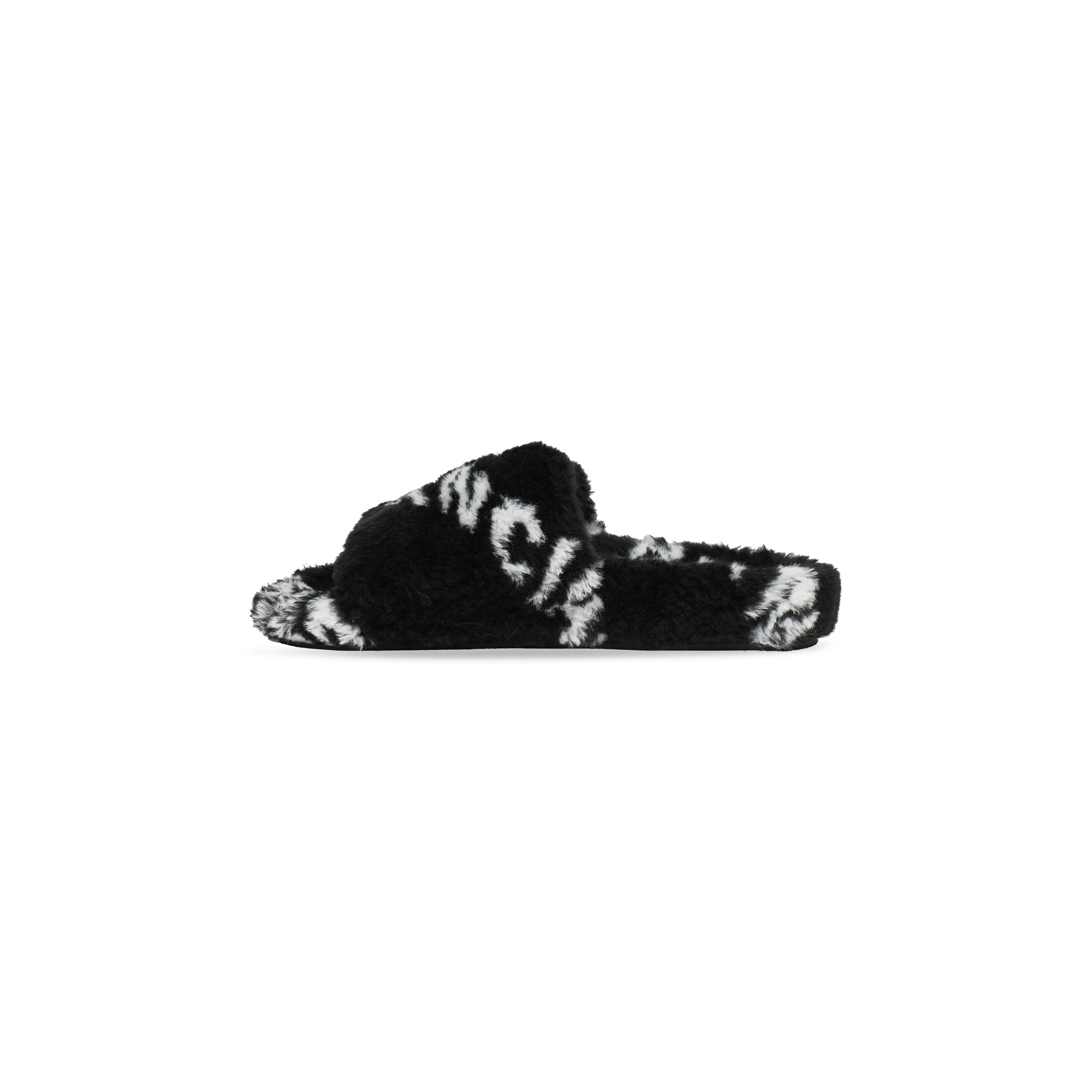 Dép Balenciaga Furry Slide Sandal Allover Logo Nữ Đen