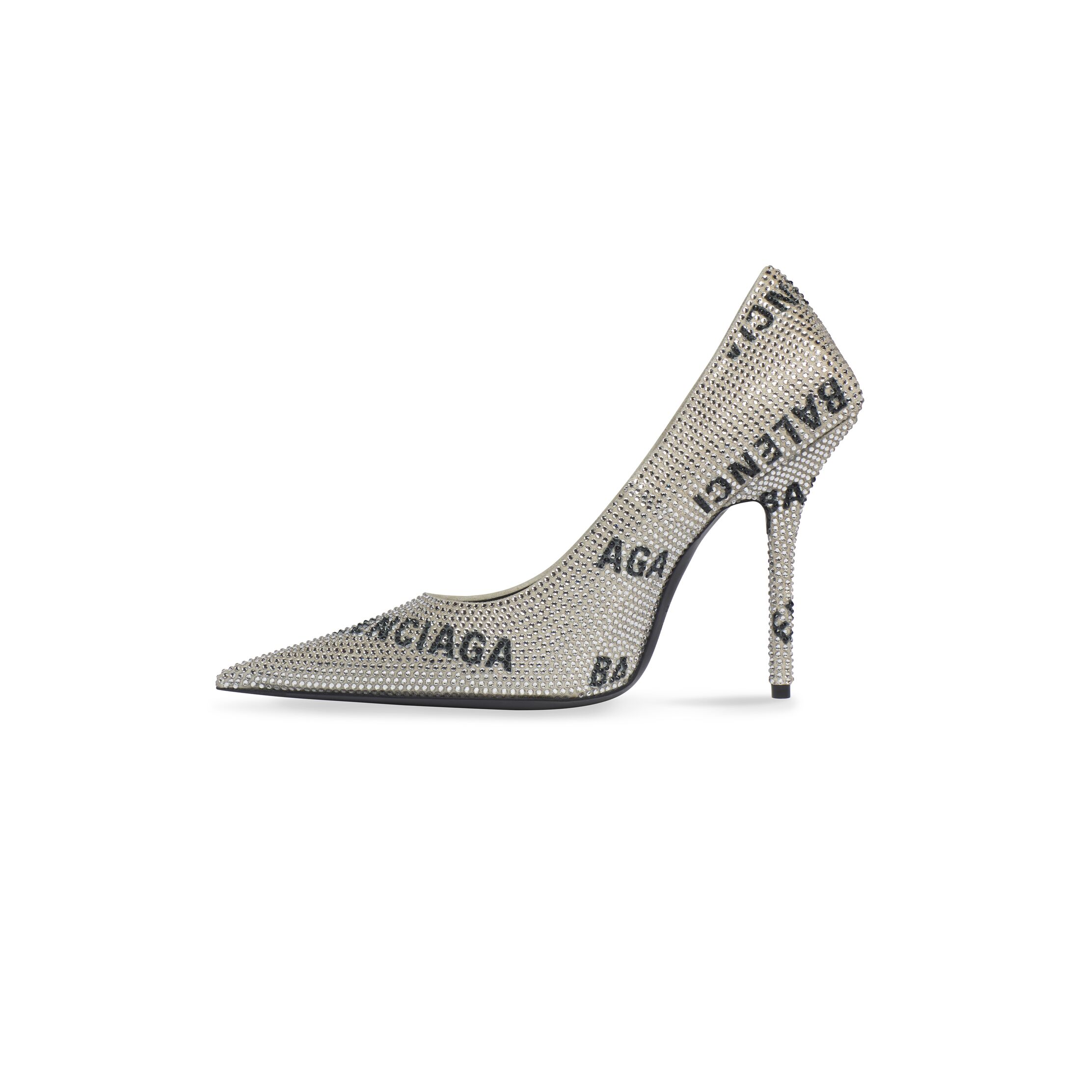 Giày Balenciaga Square Knife 110Mm Pump With Allover Logo Rhinestones Nữ Bạc