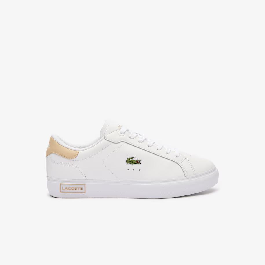 Giày Lacoste Powercourt Logo Tongue Leather Sneakers Nữ Trắng Be