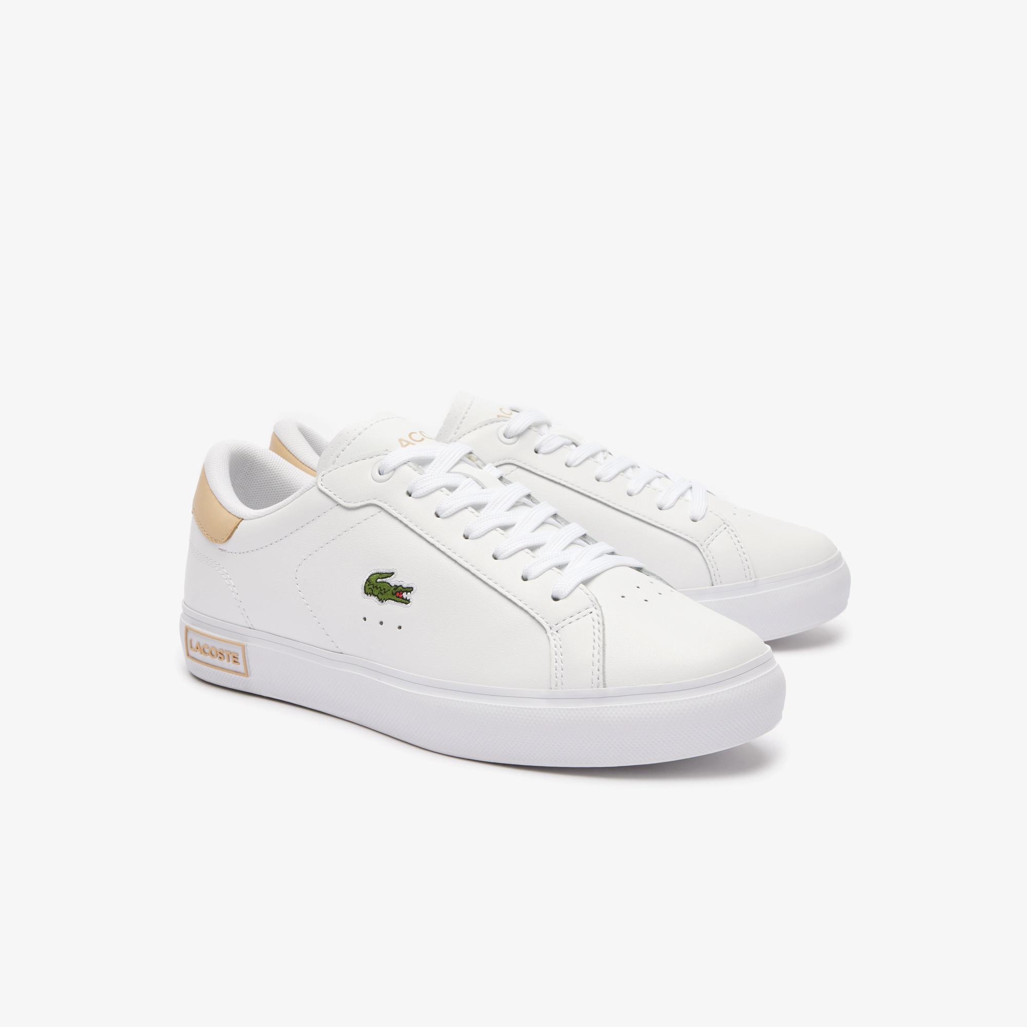 Giày Lacoste Powercourt Logo Tongue Leather Sneakers Nữ Trắng Be