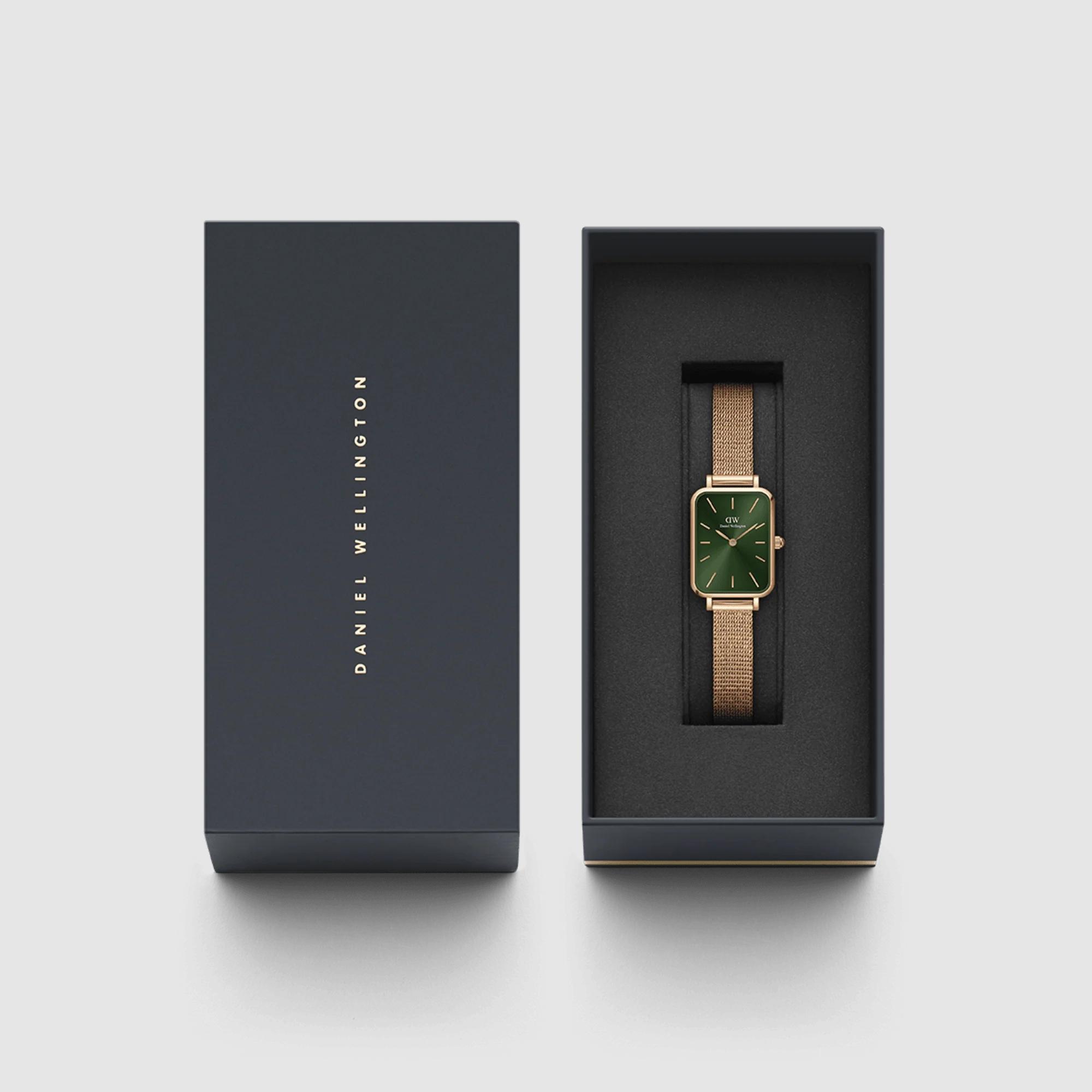 Đồng Hồ Dw Daniel Wallington Quadro Pressed Melrose Emerald Nữ Vàng Hồng 20x26mm