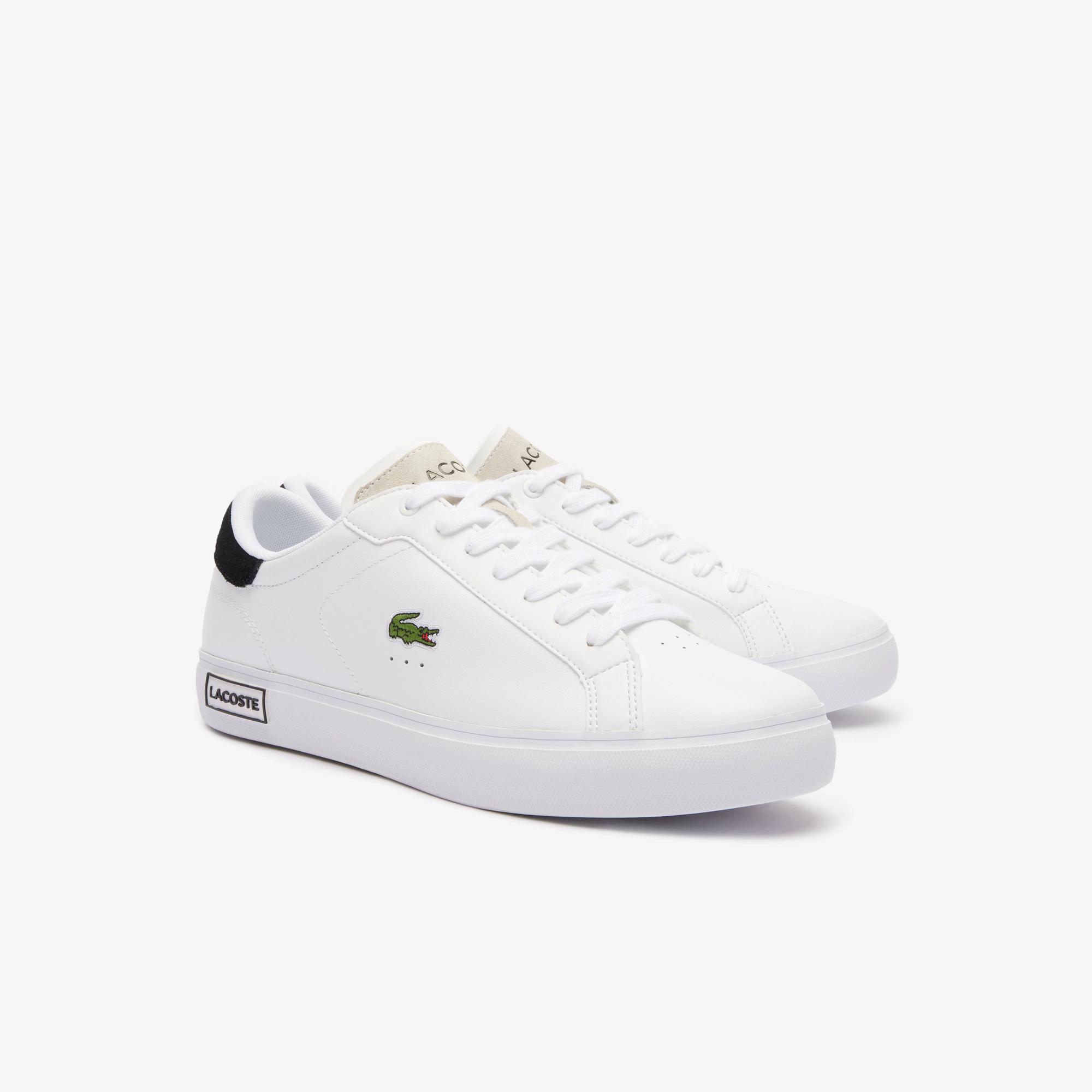 Giày Lacoste Powercourt Logo Tongue Leather Sneakers Nam Trắng Đen