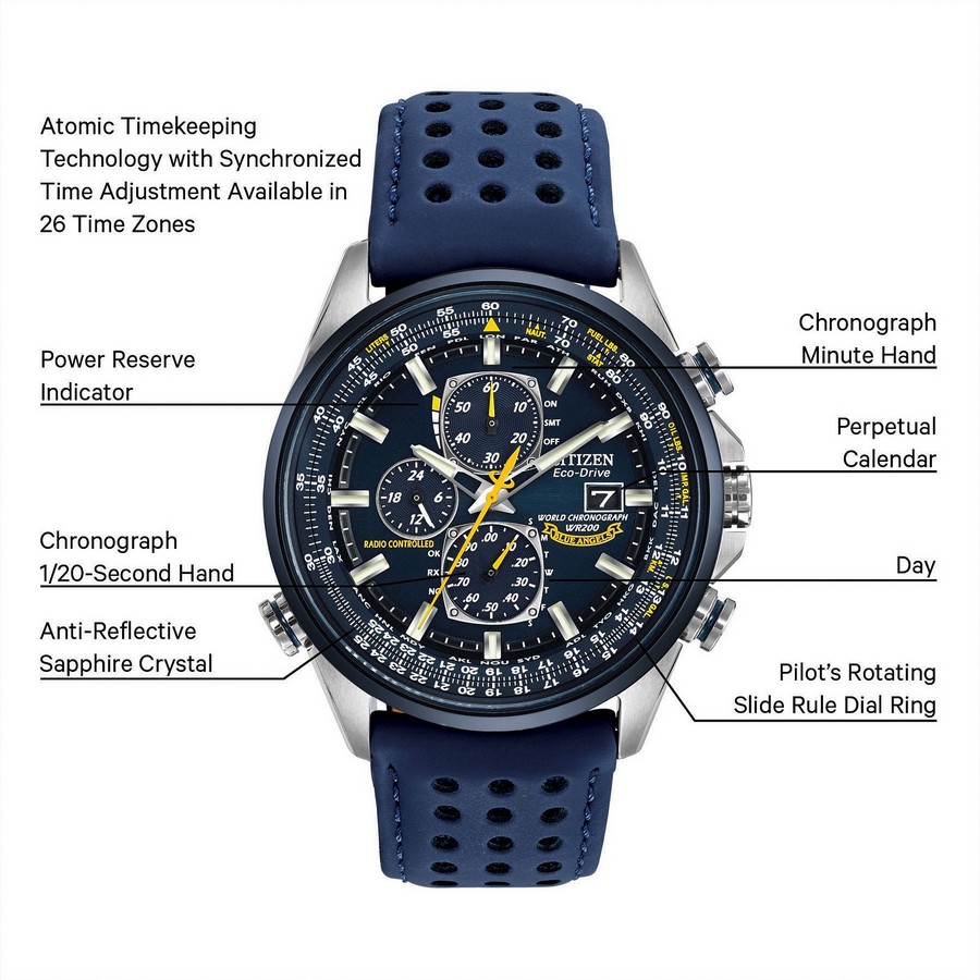 Đồng Hồ Citizen World Chronograph A-T Nam Xanh Dương Bạc Dây Da